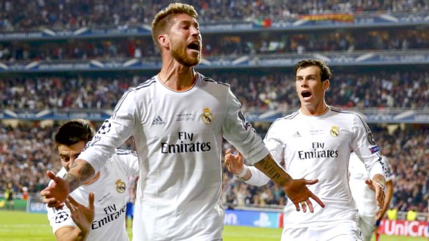 Sergio Ramos celebrating a goal with his team mates