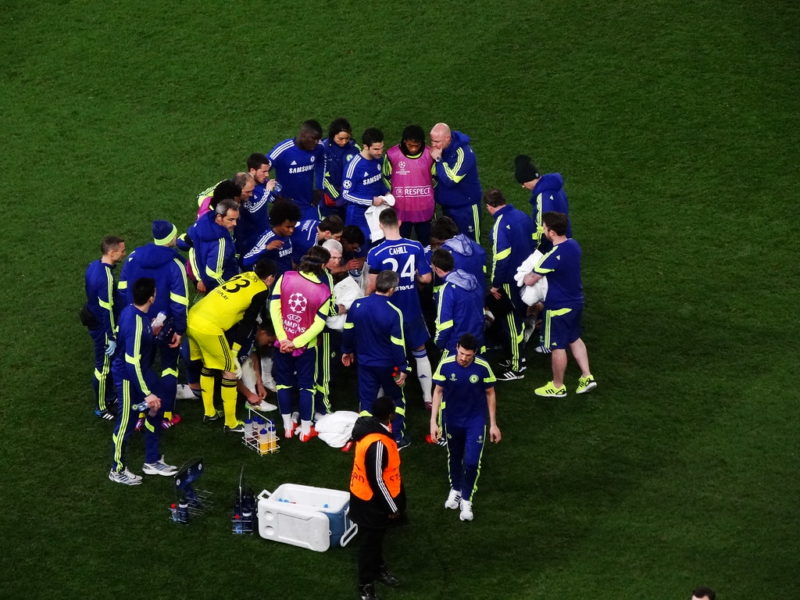 Chelsea players in a huddle